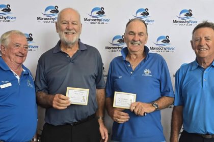 Sunshine Coast District Captain Phill Edkins, John Jones and Mike Phillips from Headland GC and Doug Conn, President Maroochy River Veteran