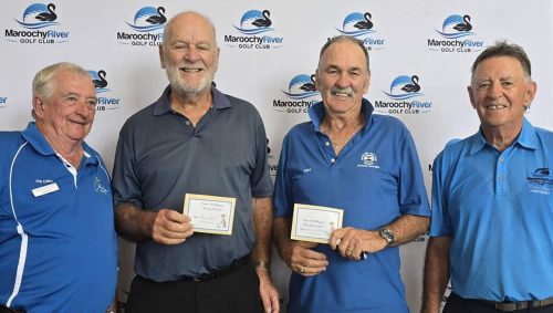 Sunshine Coast District Captain Phill Edkins, John Jones and Mike Phillips from Headland GC and Doug Conn, President Maroochy River Veteran